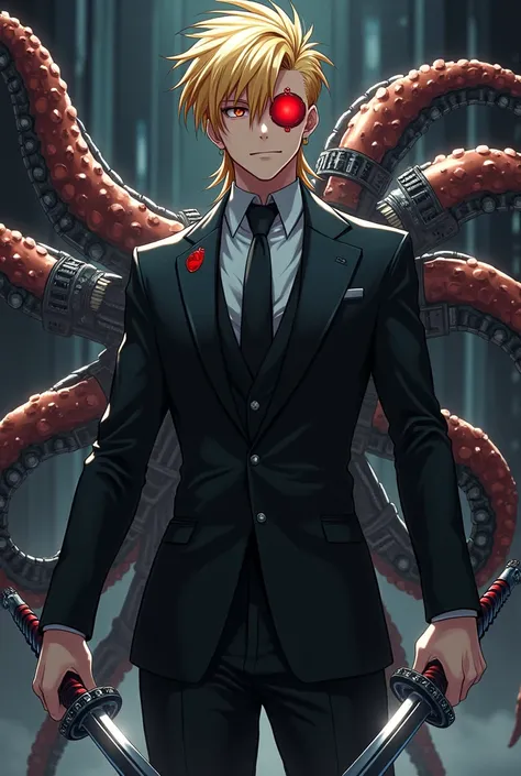 Anime Male,black suit,cyborg left eye red,blonde mullet haircut, octopus mechanical arms in his back,dual katana 