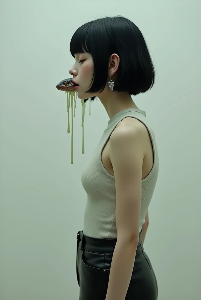  1 girl,  black hair, blunt bob, blush,  opening slightly, tears,   earrings for a woman alone,Snake face,Tall, standing,Pee leak,Massive peeing, Massive Pee Pounding Her Legs ,Leather pants, shorts