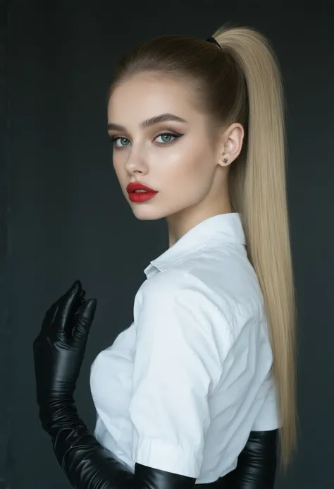 A beautiful young European girl, detailed red lips, dramatic black smokey eye makeup, flowing blond hair in a high ponytail, wearing a white blouse, tight black latex pants, and long black latex gloves, (best quality,4k,8k,highres,masterpiece:1.2),ultra-de...