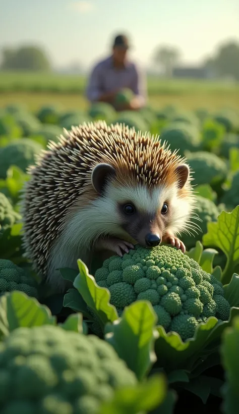 detailed hedgehog eating on top of broccoli,1 hedgehog,extremely detailed hedgehog,broccoli field,farmer in the background,detailed realistic render,photorealistic,4k,8k resolution,highly detailed,masterpiece,cinematic lighting,vibrant colors,natural scene...