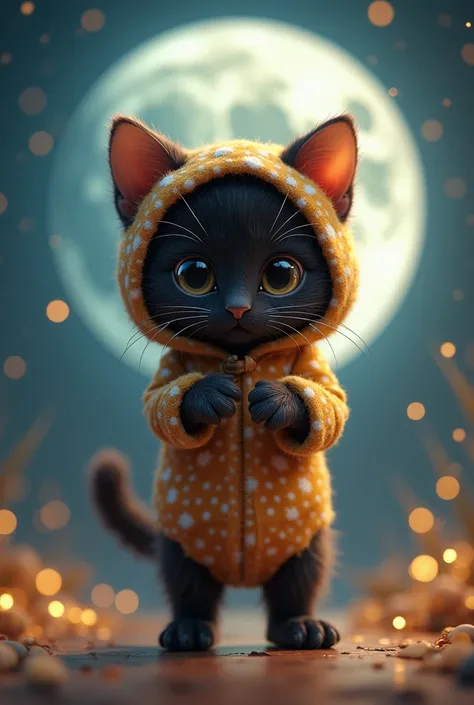 The black cat Munchkin kitten is wearing a calico cat costume
The kitten is standing on its back legs
The background is a full moon starry sky with a fantastic warm atmosphere