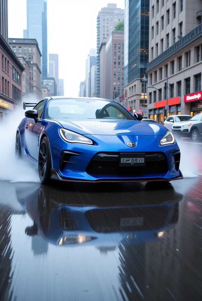 a blue sports car that drifts with water splashes"gr86" ,  big city reflected on the surface of the water on the road surface in...