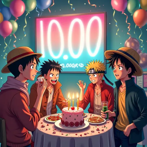 
*Title:* " 10k Followers :  Anime Party !"

*cena:*  A colorful and illuminated party room ,  with balloons ,  Streamers and a large track with the number  "10.000".

*personagens:*

 - Naruto Uzumaki  (Naruto)  holding a cake with candles .
- Monkey D. L...