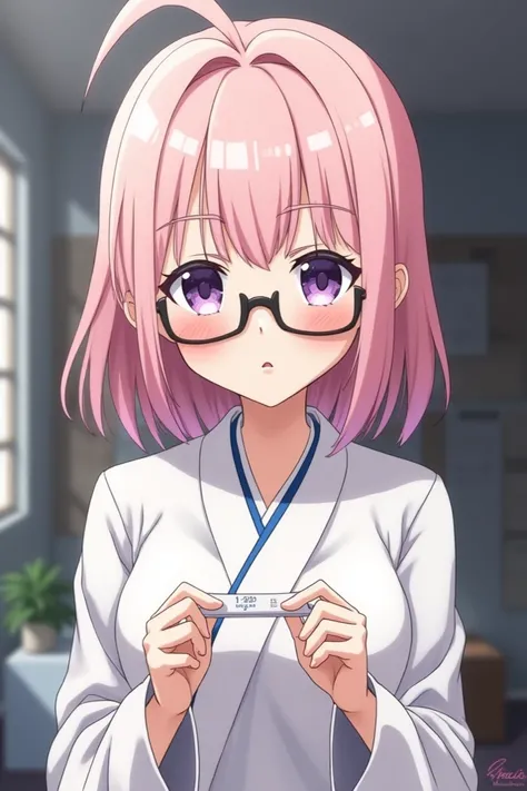  highest quality ,  very detailed , masterpiece,  anime style . a girl (With light pink hair ,  light purple eyes , wear glasses) students ( wearing a white Japanese school uniform),  with a pregnancy test  (positive),  with a worried expression on her fac...