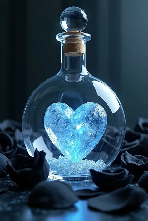 ice heart in a crystal flask with black rose petals all around