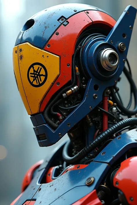  Close-up image of a highly detailed robot .  This robot has a futuristic and mechanical design ,  in striking dark blue, red and yellow colors .   The parts look complicated , with a lot of wires , pipe,  and clearly visible mechanical components .   Ther...