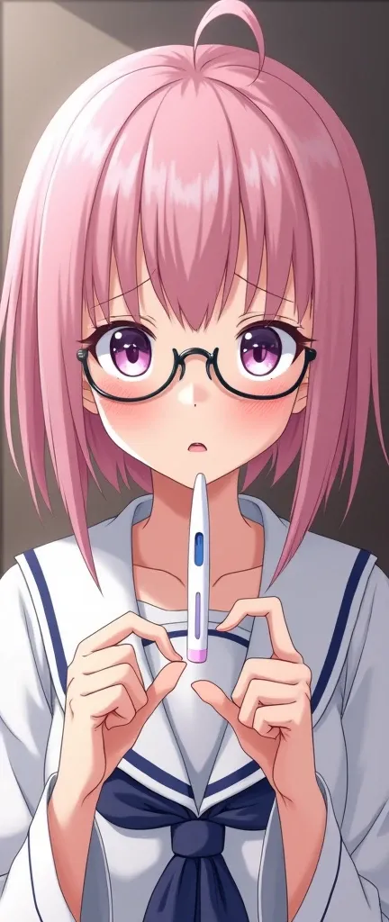  highest quality ,  very detailed , masterpiece,  anime style . a girl (With light pink hair ,  light purple eyes , wear glasses) students ( wearing a white Japanese school uniform),  with a pregnancy test  (positive),  with a worried expression on her fac...