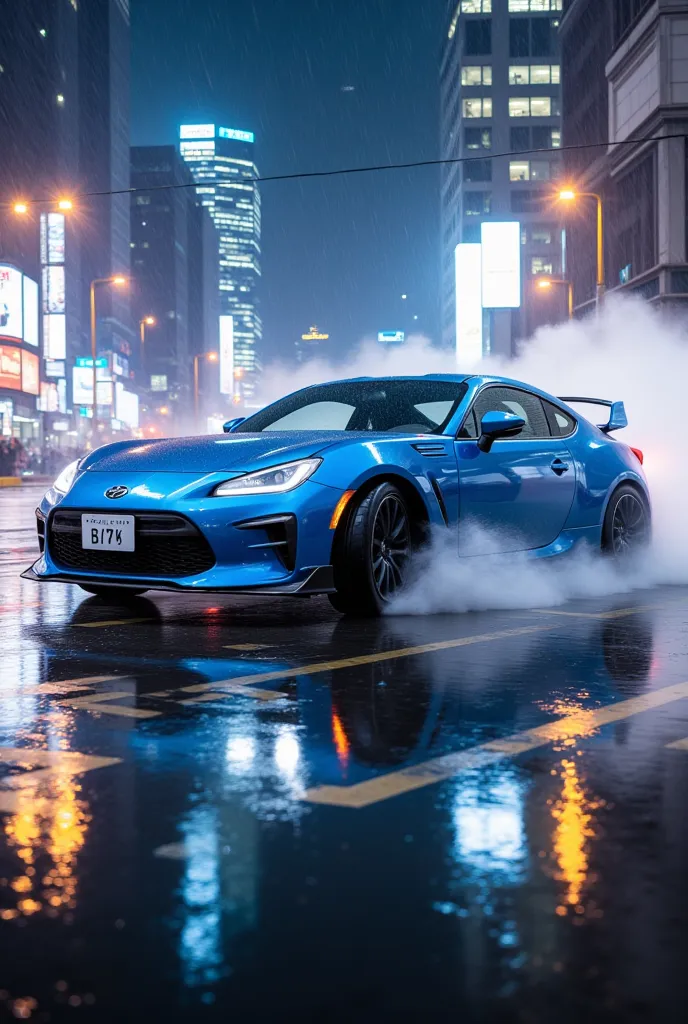 a blue sports car that drifts with water splashes in the pouring rain"gr86" ,  big city reflected on the surface of the water on...