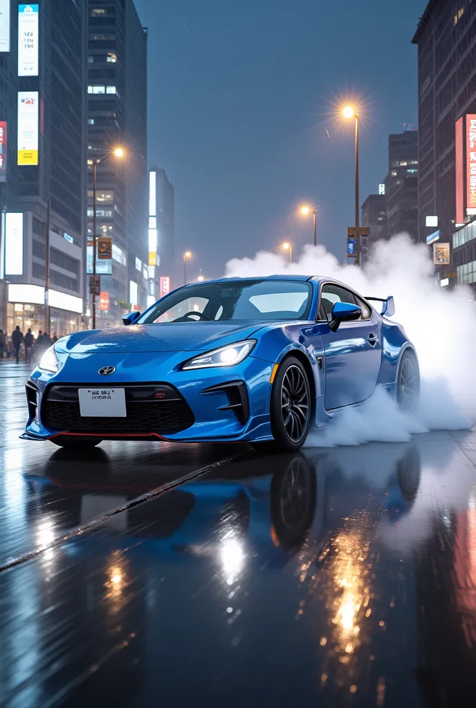 a blue sports car that drifts with water splashes in the pouring rain"gr86" ,  big city reflected on the surface of the water on...