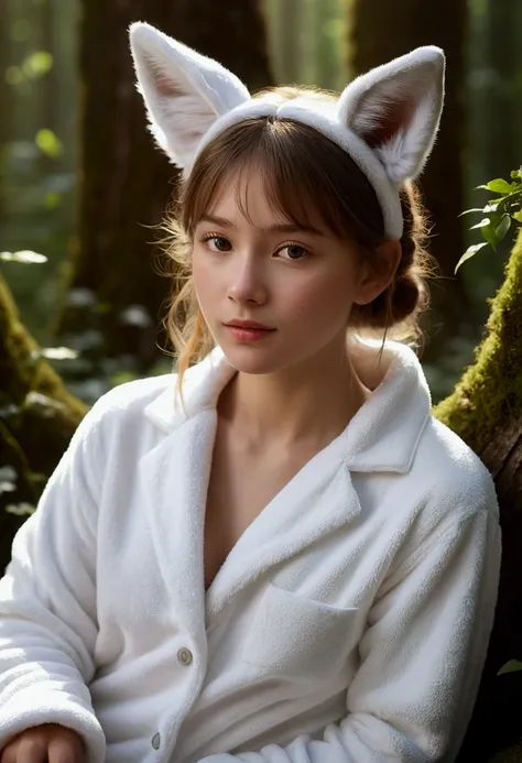 A professional high-quality photo, in 4K resolution, captures in realistic detail a charming girl in a fluffy white pajama with ears and foxtail. She is sitting in the middle of an enchanted forest, where every element is portrayed to perfection. The textu...