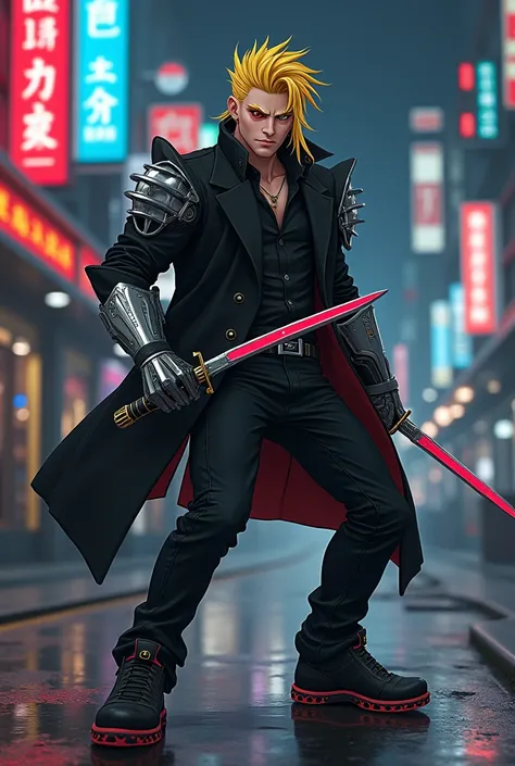 Anime Male,black suit,cyborg left eye red,blonde mullet haircut, cyborg right arm,dual katana, tictac shoes, maniac 