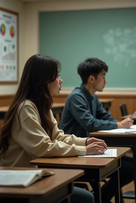 couple in class watching each other in same row female in last desk and male in second last desk