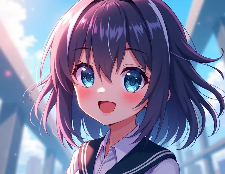 An attractive, wild and crazy, very bubbly and funny anime girl. Feminine teenager. Big smile on her face. She has dark purple hair and big white streaks in her hair, in a long bob, shoulder length. Icy blue, captivating bright eyes with flecks of silver. ...