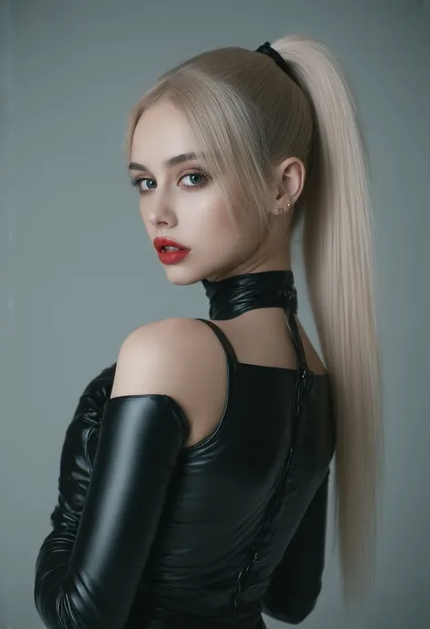 a beautiful girl, extremely detailed face, detailed eyes, high quality, detailed facial features, beautiful detailed lips, red lips, black smokey eyes, blond hair, ponytail, corset, latex pants, latex long gloves, photorealistic, cinematic lighting, dramat...