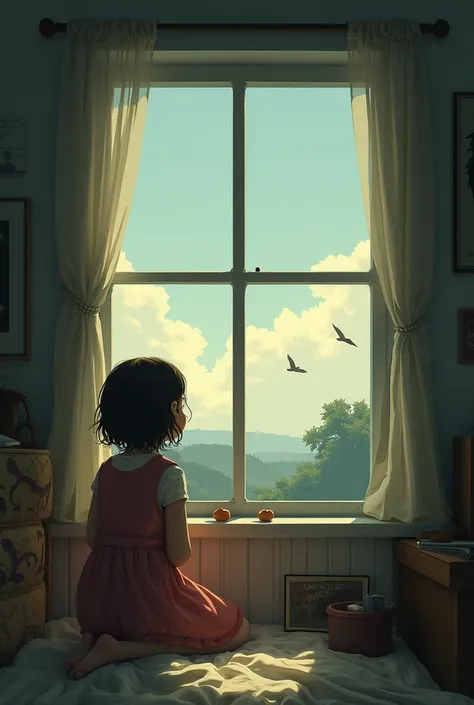 The birds arent coming home by the window 、 the girl is very sad 