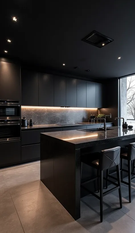 A high-tech, modern kitchen with a dark and sleek palette. The cabinets are matte black with integrated handles, and the bat countertops design are polished black quartz. A backsplash features a metallic grey pattern subtly resembling a bat motif. The isla...