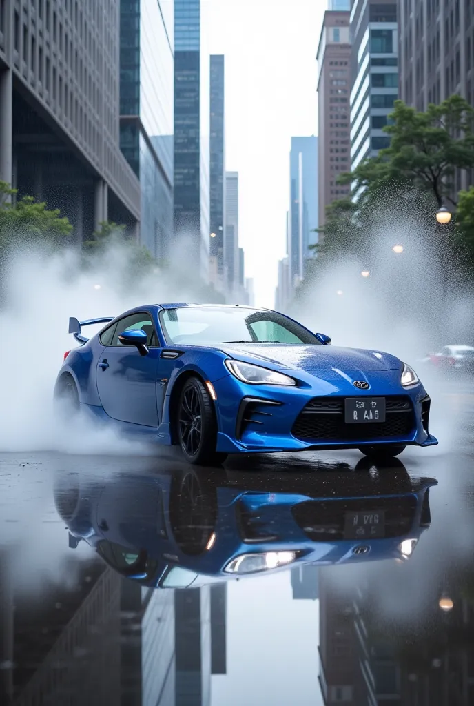 a blue sports car that drifts with water splashes in heavy rain pouring down violently"gr86" ,  big city reflected on the surfac...