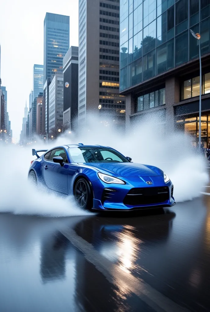 a blue sports car that drifts with water splashes in heavy rain pouring down violently"gr86" ,  big city reflected on the surfac...