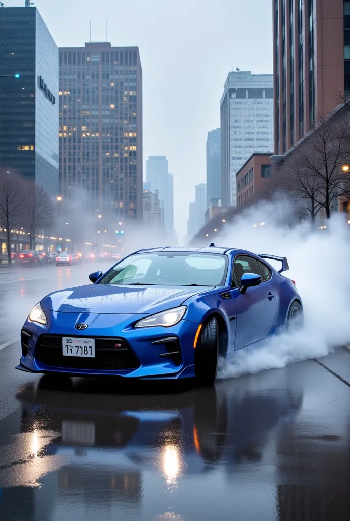 a blue sports car that drifts with water splashes in heavy rain pouring down violently"gr86" ,  big city reflected on the surfac...