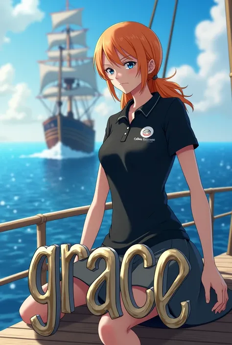 NAMI of One Piece wearing black collins aerospace polo shirt.  she sits on a 3D that spells out GRACE. the background is a ship in the sea. high resolution. high quality