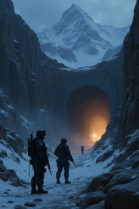 A picture of a tunnel in a mountain at night with heavily armed soldiers at the door of this tunnel 