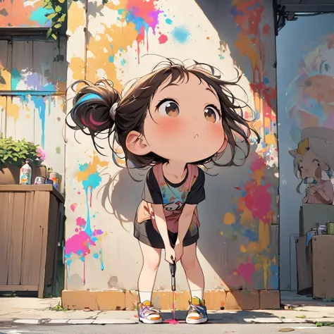 An illustration of a spray artist painting bold spray art in front of the shutters of a shopping street in a back alley.。Beautiful brown-skinned girl 、Dressed in sporty street fashion stained with spray ink,、She is bending over slightly as she paints her a...