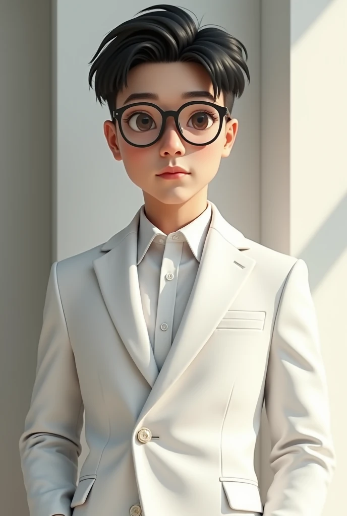 Young handsome boy with black hair, brown eyes and wearing glasses, white suit