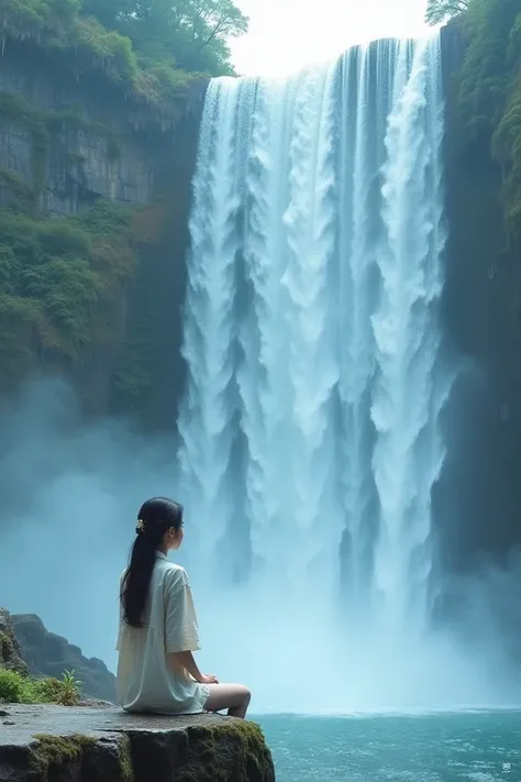 a woman sitting on a ledge in front of a waterfall, waterfall in background, waterfall in the background, waterfalls in the background, korean woman, waterfall background, next to a waterfall, pink waterfalls, stream, beautiful south korean woman, streamin...