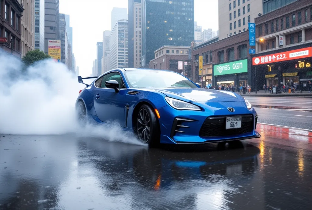 a blue sports car that drifts with water splashes in heavy rain pouring down violently"gr86" ,  big city reflected on the surfac...