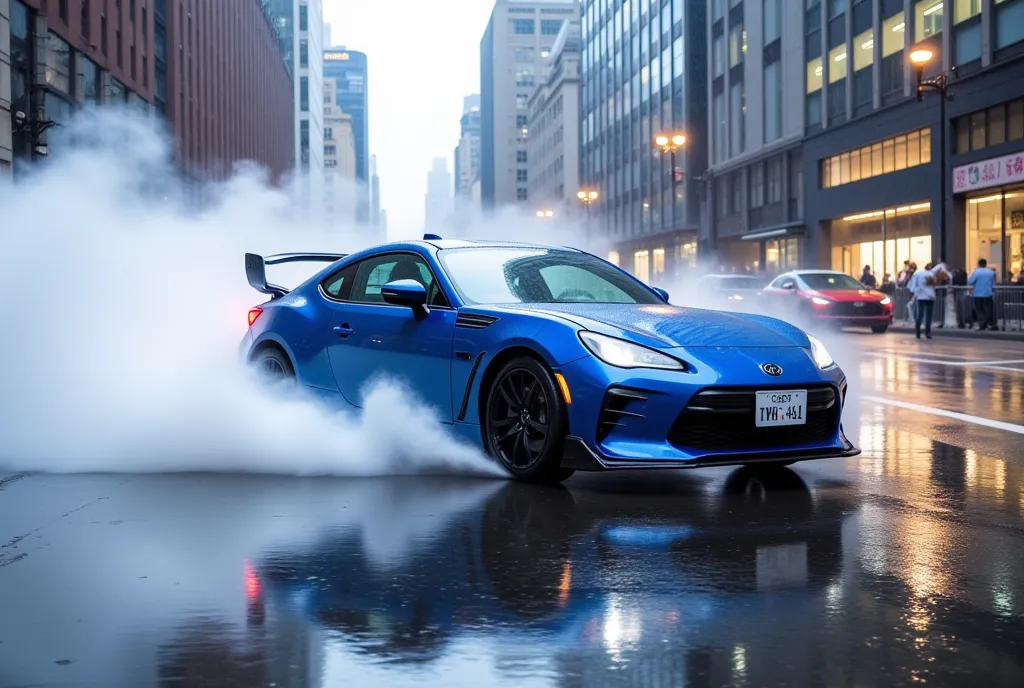 a blue sports car that drifts with water splashes in heavy rain pouring down violently"gr86" ,  big city reflected on the surfac...