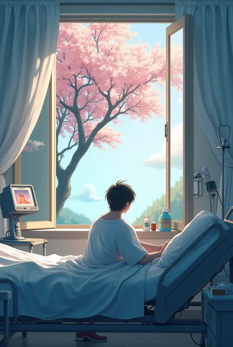 A hospital room with a bed in the middle .  Next to it is a heartbeat display and on the other side a small bedside table in front of the bed is an open window with waving curtains.  The view from the window is a tree with pink flowers .  The whole thing i...