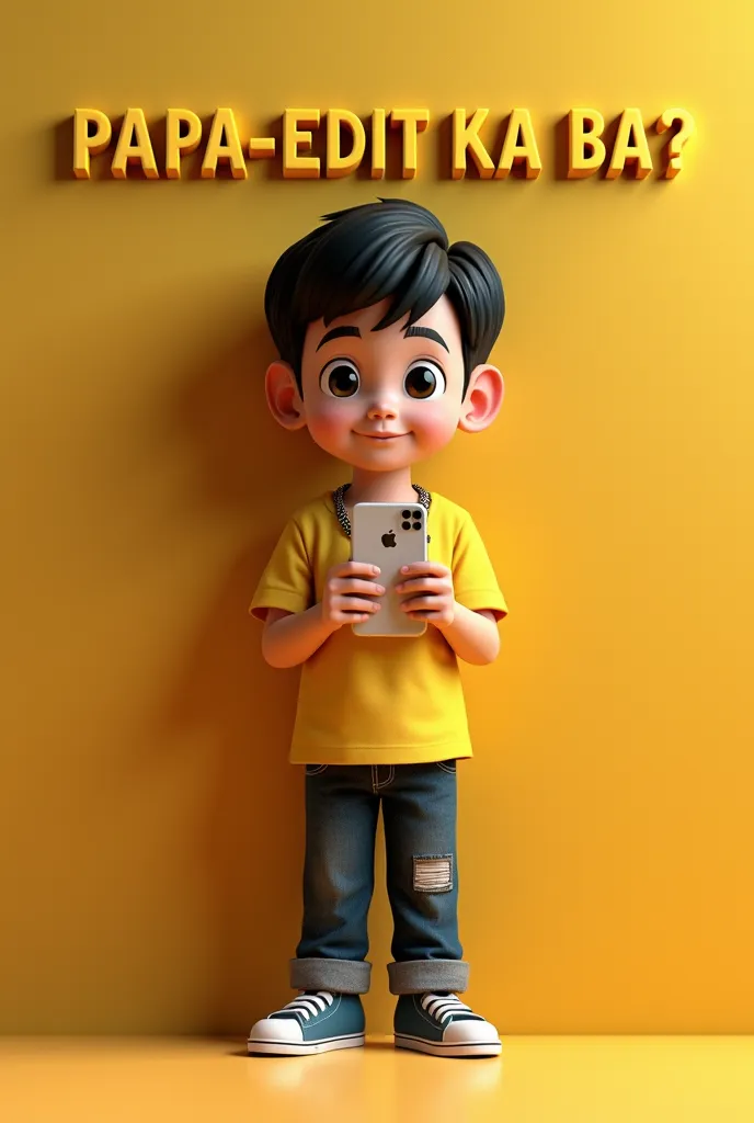 Boys " 3D caricature of a boy, holding a iphone 15 cellphone. wearing necklace with name "PAPA-EDIT KA BA?" written on the wall, embossed , and there is the name "P.M MO KO" written beneath the  floor in 3D letter style, embossed and realistic,High-quality realistic photo in black yellow, indium white and black, front view.