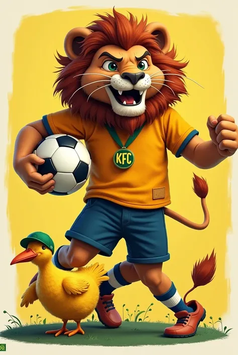 Un lion fort et agressif en footballeur et portant un ballon de foot ainsi quune médaille et un t-shirt jaune. Ce lion domine et écrase une poule jaune. Cette poule porte un casque de chantier et un tablier vert sur lequel est écrit "K F C"