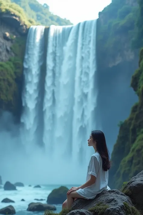 a woman sitting on a ledge in front of a waterfall, waterfall in background, waterfall in the background, waterfalls in the background, korean woman, waterfall background, next to a waterfall, pink waterfalls, stream, beautiful south korean woman, streamin...