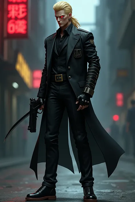 Anime Male,black suit,cyborg left eye red,blonde mullet haircut, cyborg right arm,katana, tictac shoes,magnum pistol, Mafia 