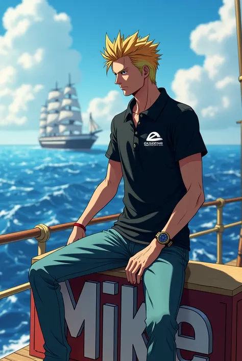 FRANK of One Piece wearing black collins aerospace polo shirt.  she sits on a 3D that spells out MIKE. the background is a ship in the sea. high resolution. high quality