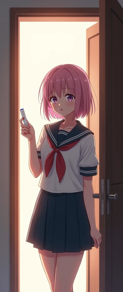  highest quality ,  very detailed , masterpiece,  anime style . a girl (With light pink hair ,  light purple eyes , wear glasses) students ( wearing a white Japanese school uniform),  holding a pregnancy test (positive) at your door ,  with a worried expre...