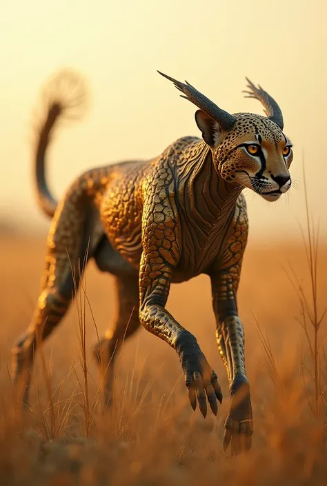 Cheetah-Grasshopper Hybrid: A swift cheetah enhanced with grasshopper legs for incredible jumps, combined with sleek chitin patterns along its body.