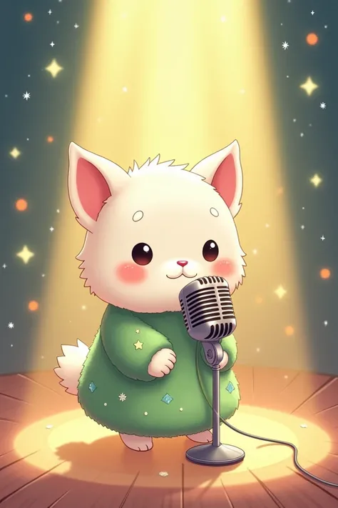 Create an adorable cartoon illustration of a fluffy animal-like character, with a white face and green fur-like clothing decorated with stars and floral elements. The character is standing in front of a classic silver microphone, surrounded by a soft glowi...