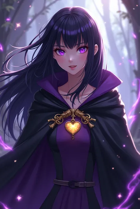  A human with long black hair with purple bangs,purple eyes,She wears a Dreemurrs cloak , she has a gold heart necklace .She has the powers of Asriel Dreemurr