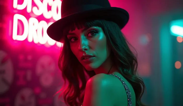  Extremely detailed close-up of a breathtaking, confident woman inspired by A Clockwork Orange, wearing a mini dress that reveals smooth skin and emphasizes her curvy silhouette. Her face is in sharp, ultra-clear focus, lit perfectly by vibrant neon lights...