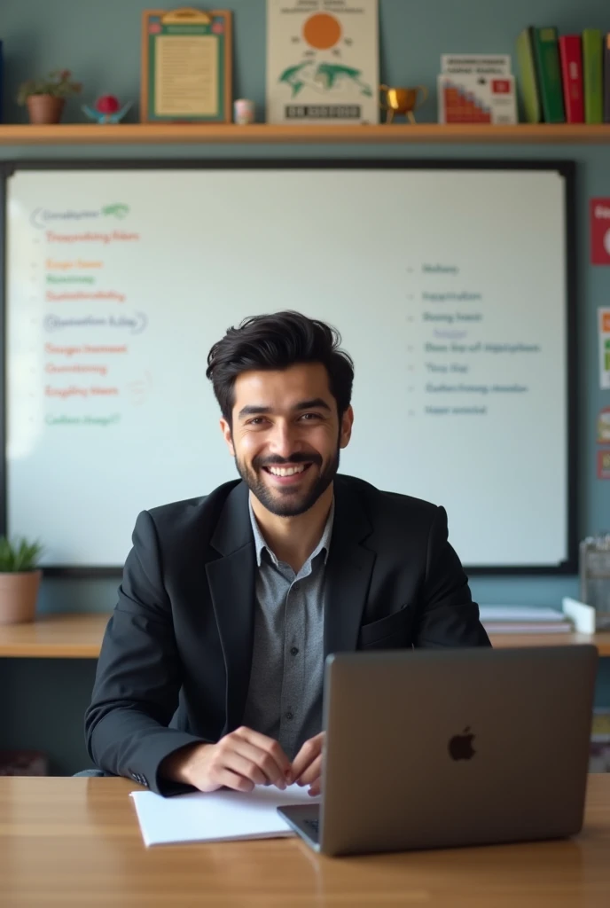 The Person:


Imagine a scenario where an energetic and confident man is teaching English on his YouTube channel.  He is sitting behind a desk in his office and the camera is filming him directly. 

The individual appears to be a young afghan man with dark...