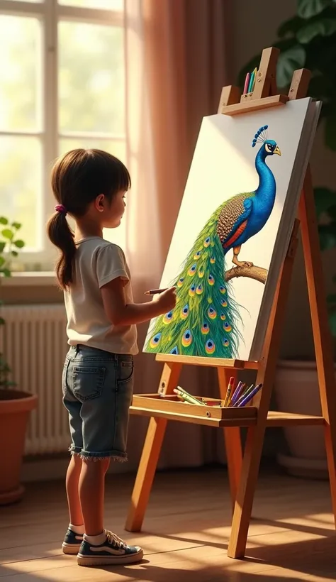 A hyper-realistic portrait-style image of a small girl standing and drawing a colorful peacock on a vertical easel. The easel features a vibrant and detailed drawing of a peacock, with its majestic feathers spread wide and rich in hues of blue, green, and ...