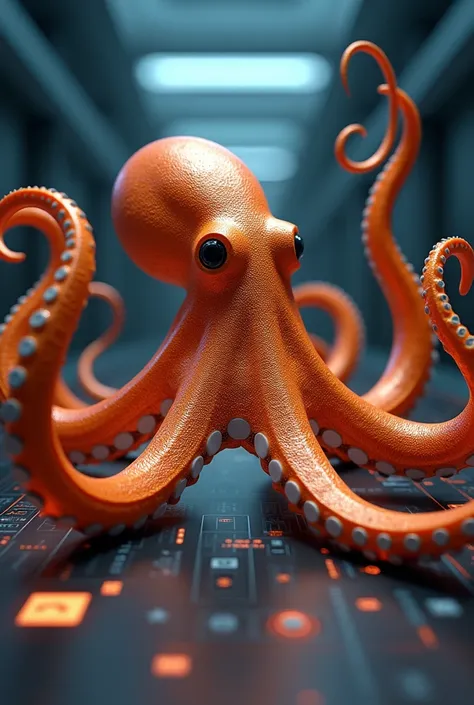  Technological octopus that represents security  , com olhos de lente de camera segurando  nos tentáculos sensor de alarm, camera, Biometrics, face reader .  on the tentacles The octopus must be orange and represent the splash screen of the software screen...