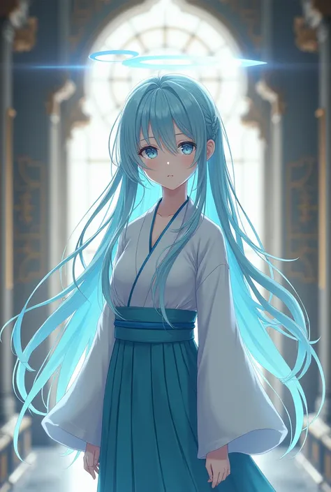 Light skyblue hair, girl crush,  long hair in the castle,  blue eyes, Kendogi , whole body, Hime cut