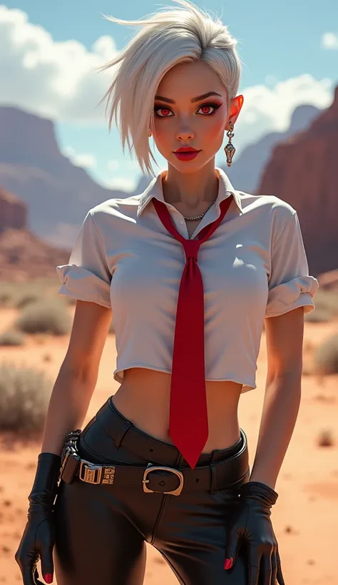 (masterpiece, best quality:1.2), expressive eyes, perfect face, high score, 1 girl, solo, ashe overwatch, ash makeup, mole, earrings, red eyes, white hair, 1 size of a womans breast, jewelry, makeup, lipstick, tie, red tie, hip strap, black gloves, belt, e...