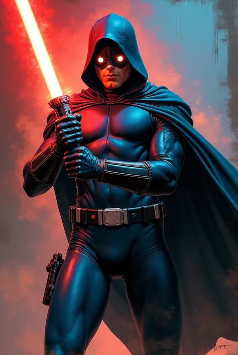 (Imaginary Painting:1.3) of (Graphic novel:1.3) of (Invincible:1.3), Officer, mask with eye lenses, one piece suit, gauntlets, and sleeved cloak, carrying a lightsaber, (art by Simon Bisley:1.5) and (art by Frank Frazetta:1.4) , 