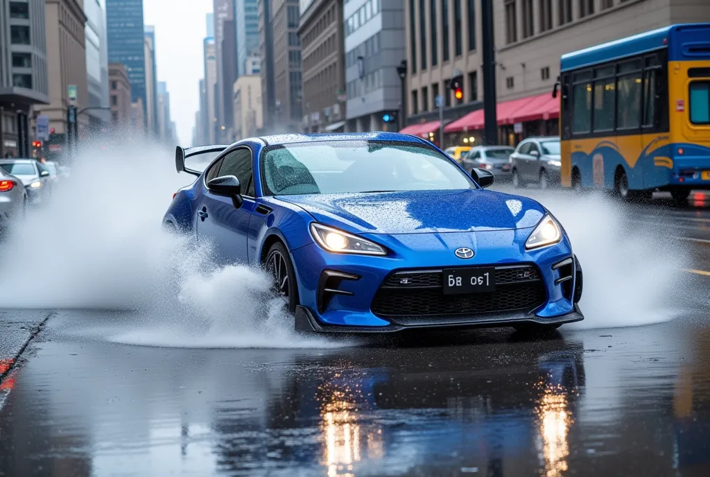 a blue sports car that drifts with water splashes in heavy rain pouring down violently"gr86" ,  big city reflected on the surfac...