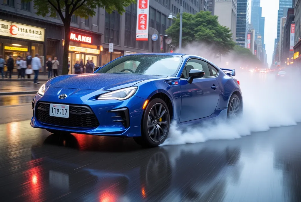 a blue sports car that drifts with water splashes in heavy rain pouring down violently"gr86" ,  big city reflected on the surfac...