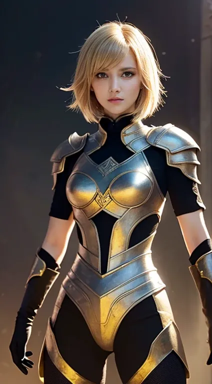 Beautiful Jeanne dArc ,  Extremely short, boyish blond hair , Golden piercing gaze,  Attractive Proportions,  wears armor and sacred swords, which are sculpted works of art carved from pearl platinum crystals, Background Diverse Punk, (  super detailed , a...